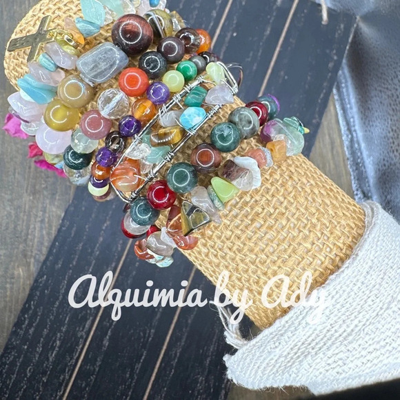 Rainbow multicolored multi stone  beaded bracelet hold adjustable rope - Picture 2 of 2